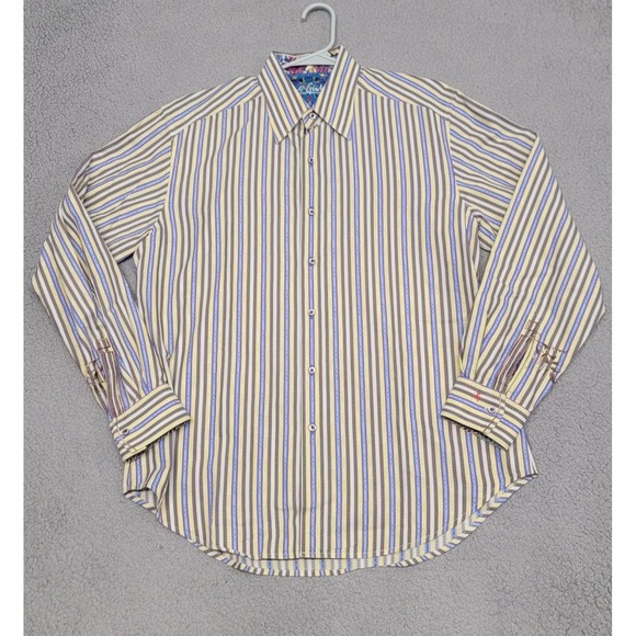 Robert Graham Shirt Mens Large Multicolor Pastel Stripe Floral Flip Cuff - Picture 1 of 8